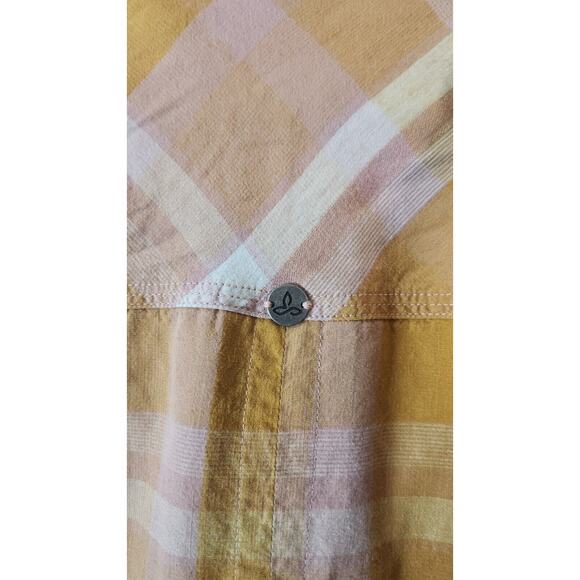 PrAna Deryn Champagne Plaid Roll Tab Sleeve Dress Large Active Camping Outdoors - Picture 14 of 16
